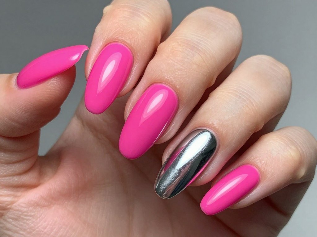 hot pink nails with one silver chrome accent nail creating contrast