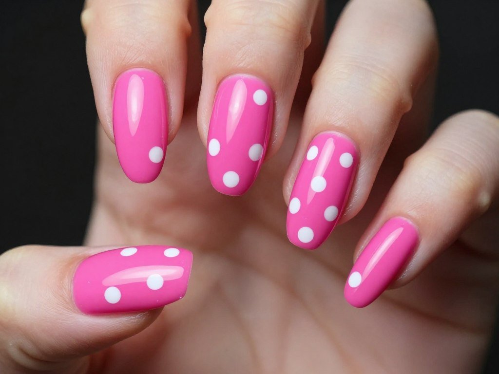 hot pink nails with random white polka dots scattered across surface