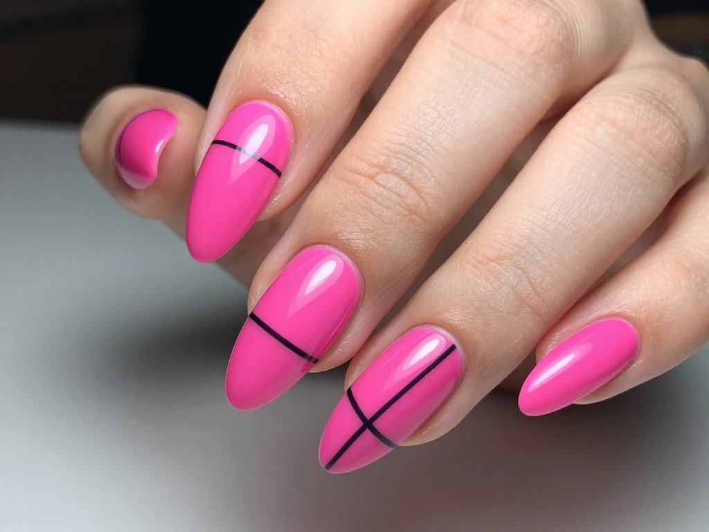 hot pink nails with thin black lines creating abstract geometric patterns