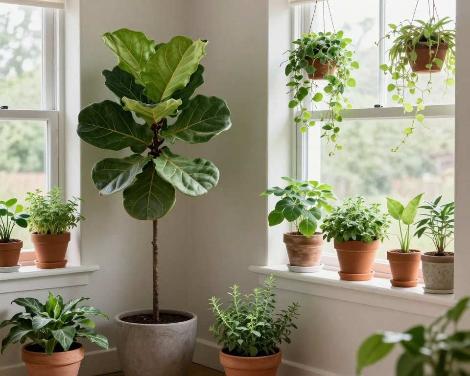 indoor plants in farmhouse living room