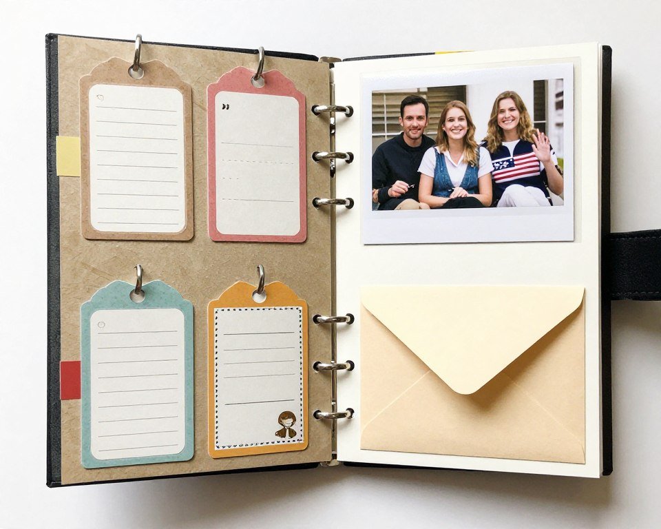interactive scrapbook page with pull-out tags and flip elements