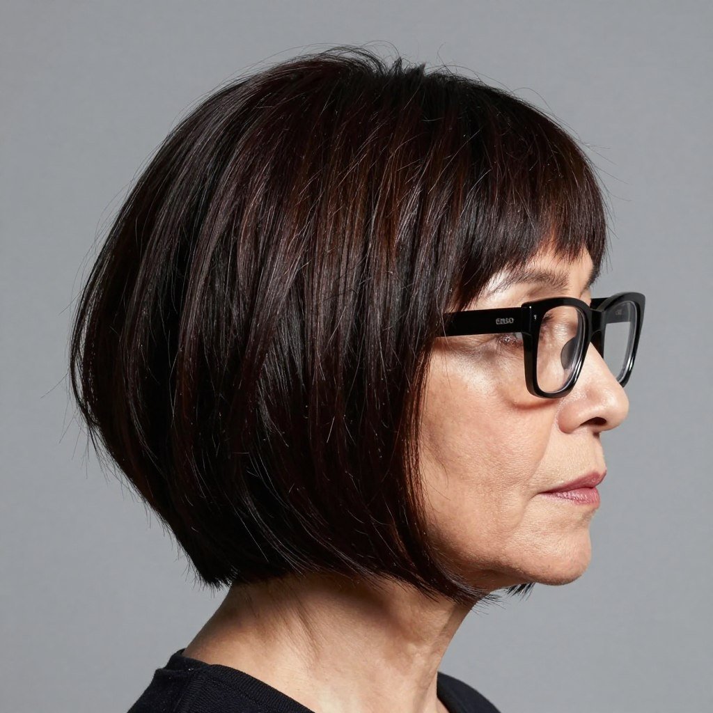 inverted bob cut with sharp angle and rectangular glasses