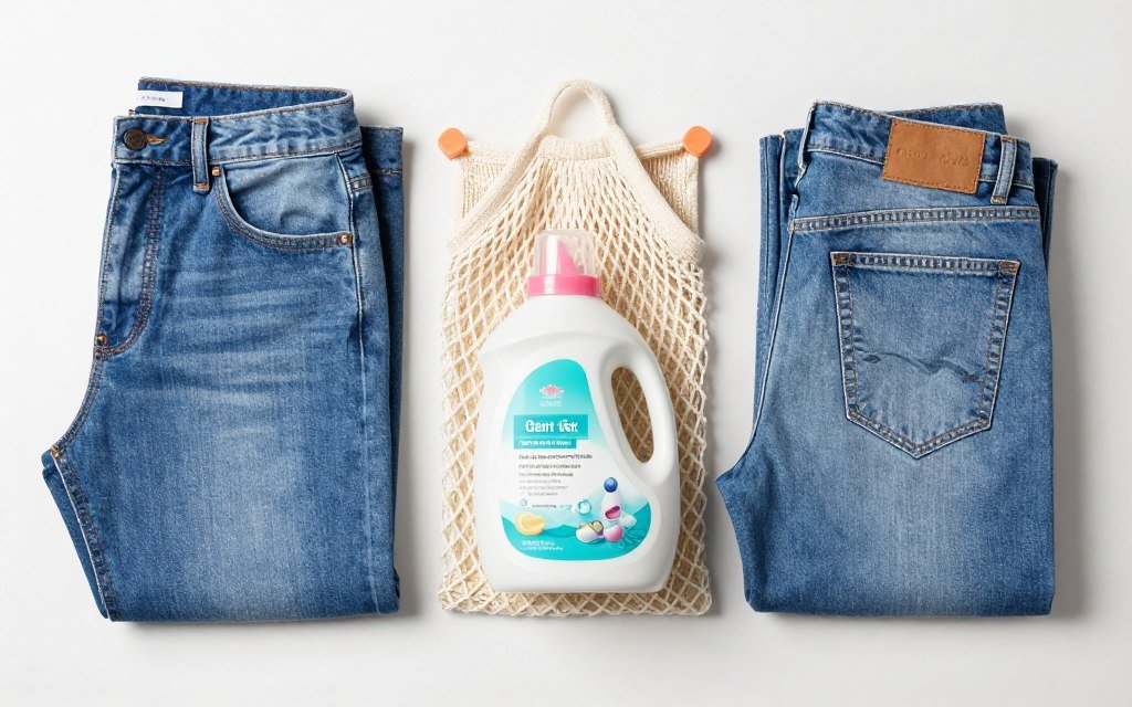 jeans care products and folded denim
