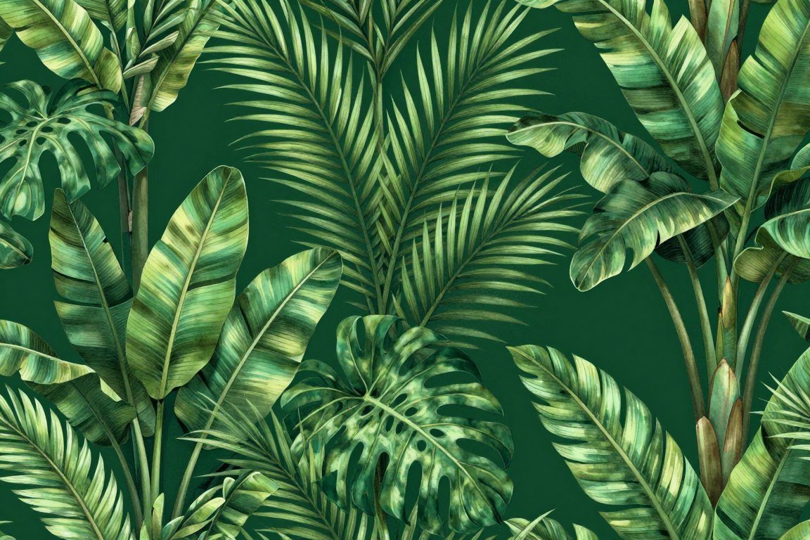 jungle botanical wallpaper pattern with palm leaves on dark green background
