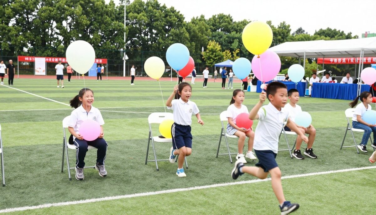 kids racing to pop balloons in relay carnival game