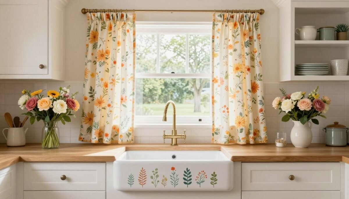 kitchen window with cheerful floral print curtains above farmhouse sink