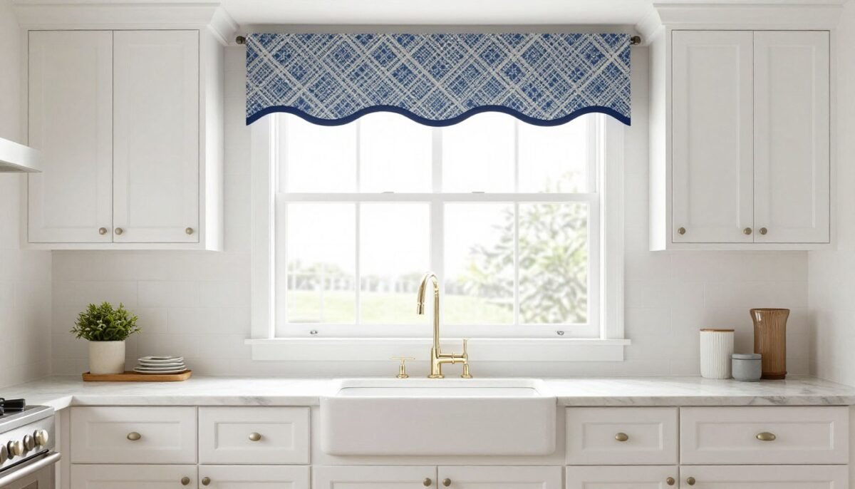 kitchen window with decorative valance only above sink area
