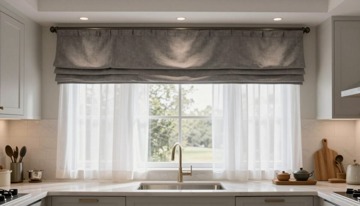 kitchen window with layered curtains showing sheer and solid panels combination