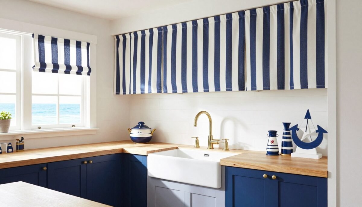 kitchen window with navy and white striped cafe curtains over sink