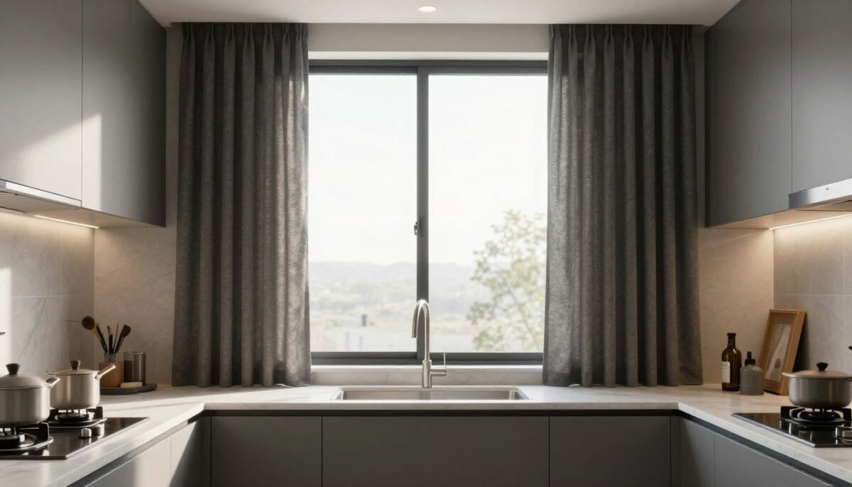 kitchen window with room darkening curtains controlling bright western light over sink