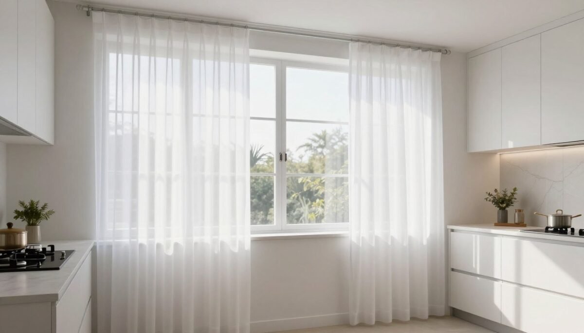 kitchen window with sheer white curtains over sink allowing filtered natural light
