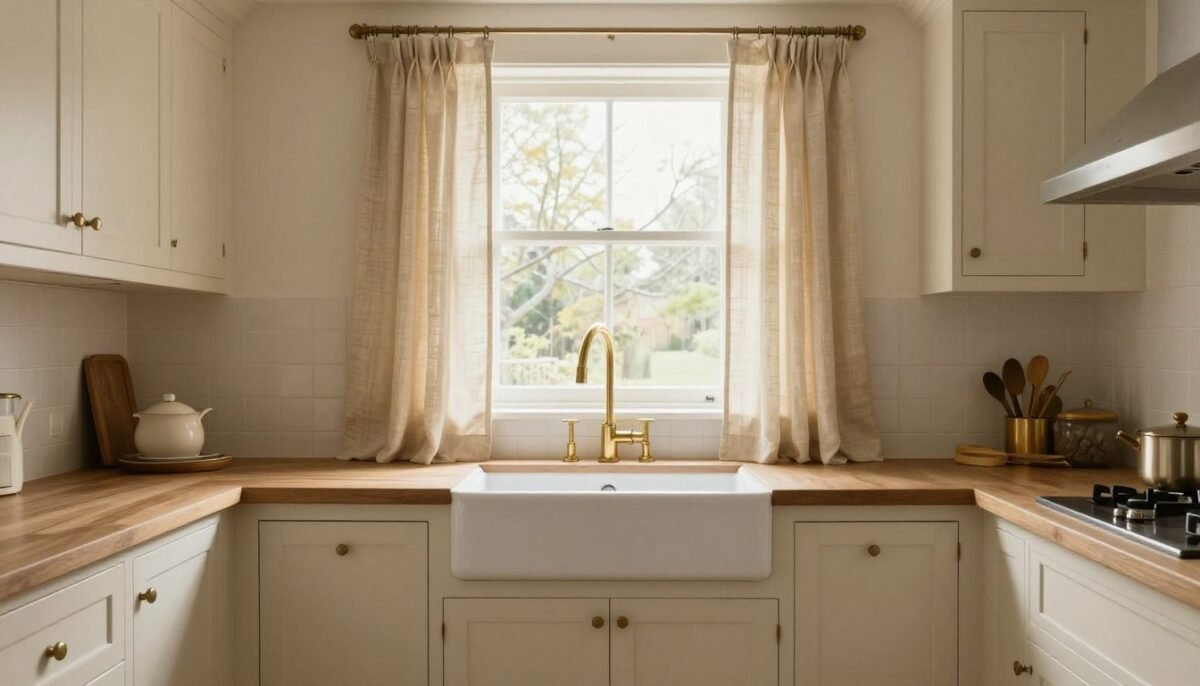 kitchen with beige linen curtains over sink creating warm neutral atmosphere