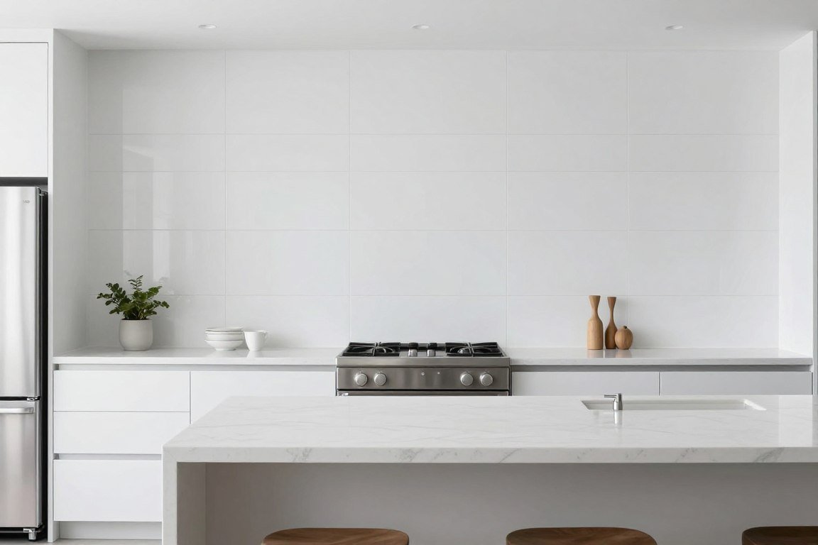 large format white tile backsplash with minimal grout lines