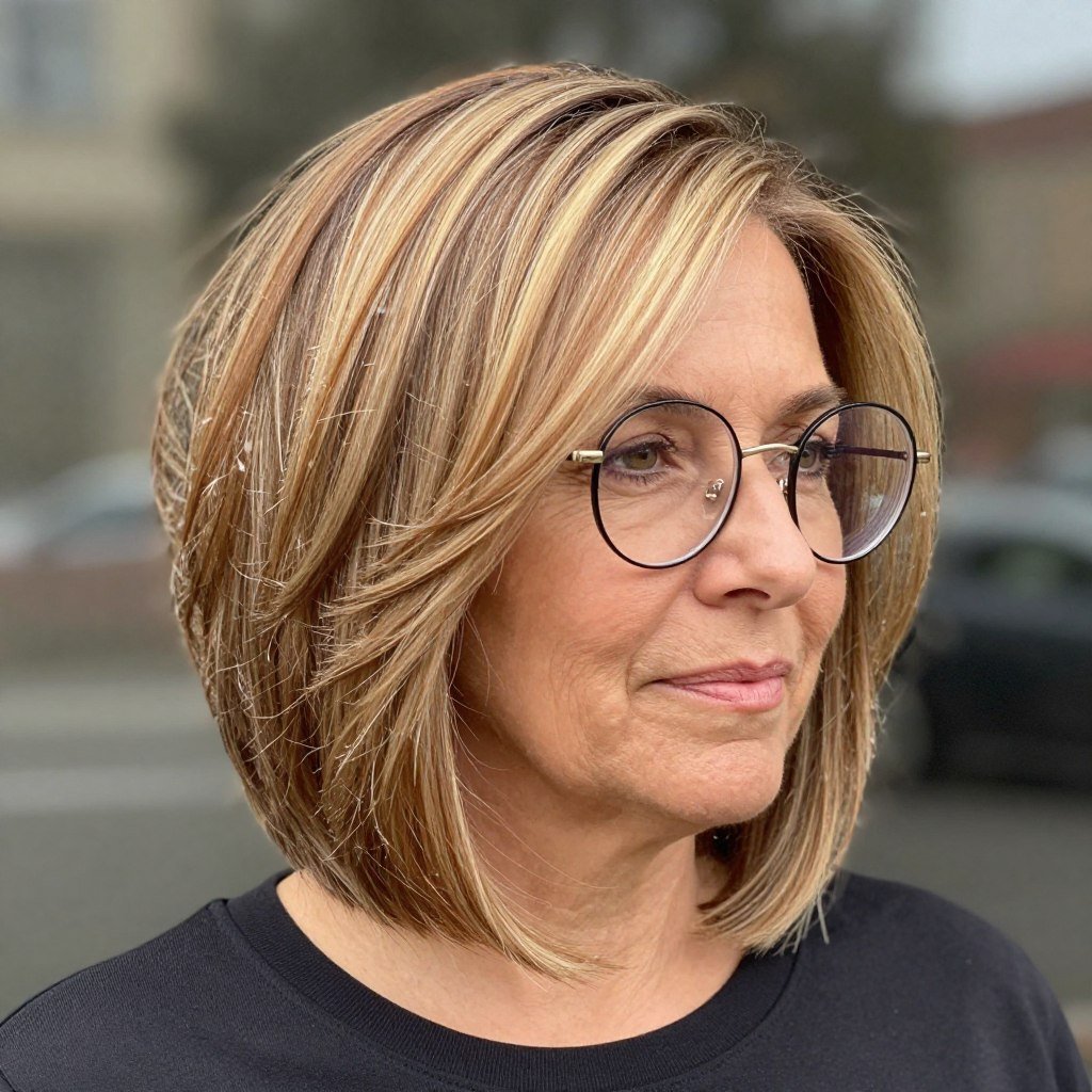 layered bob with movement and round glasses