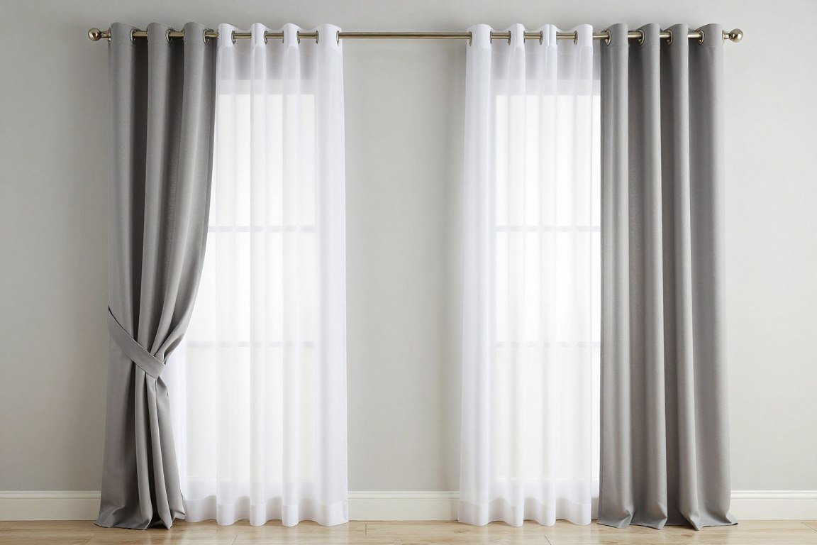 layered curtain set with sheer white inner panels and gray solid outer panels