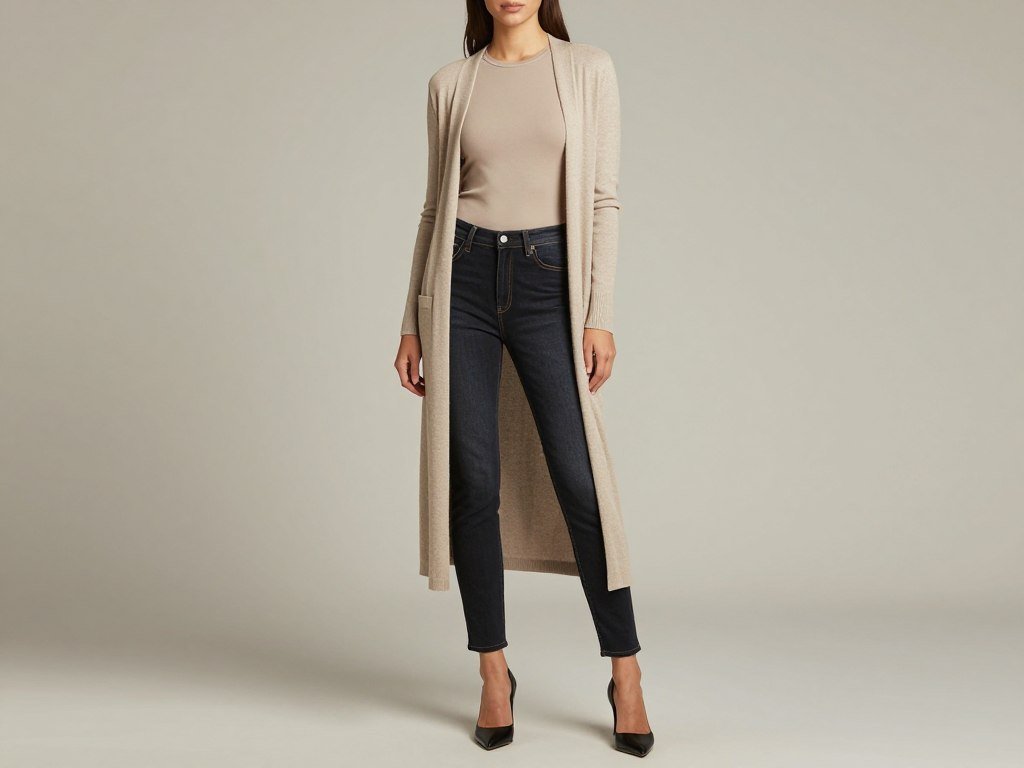 layered outfit with jeans and long cardigan