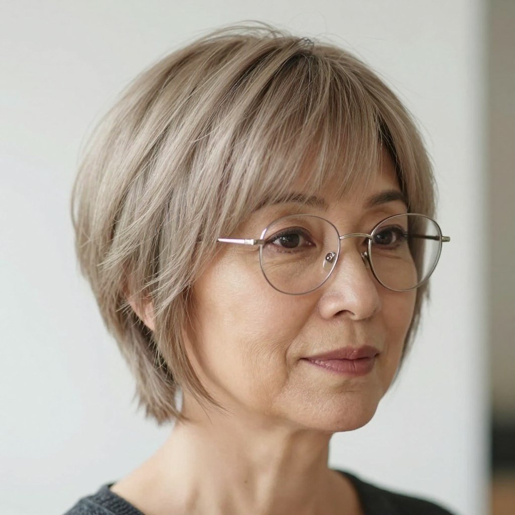 layered pixie with wispy textured bangs and wire-rim glasses