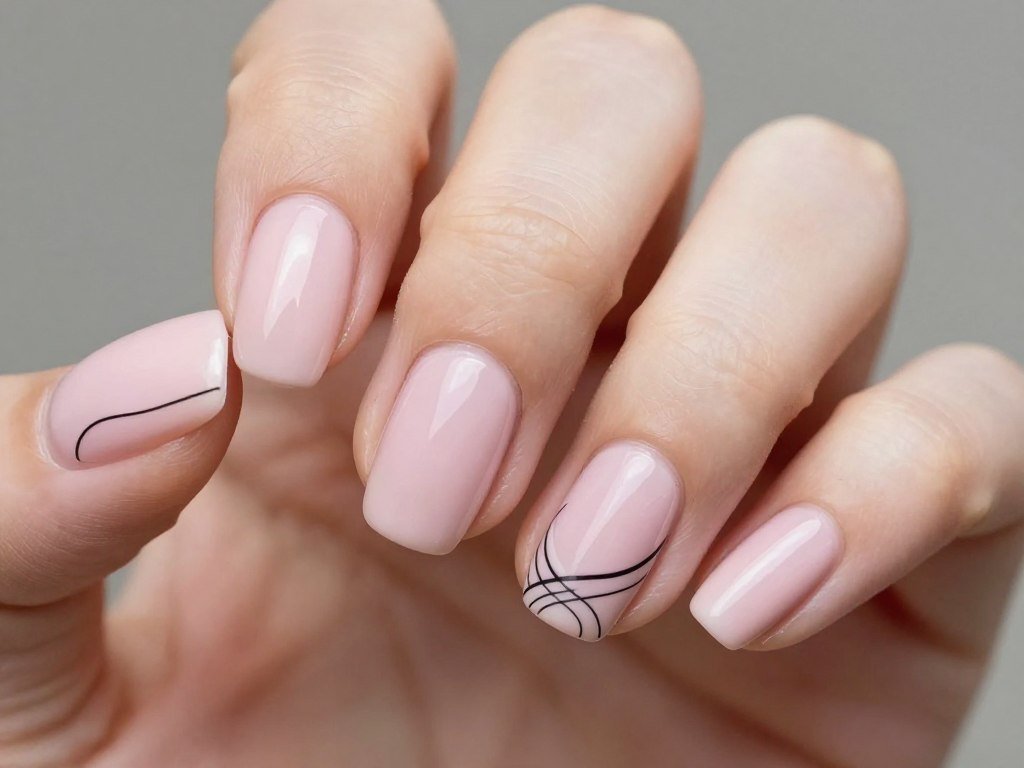 light pink nails with simple black line art creating abstract minimalist designs