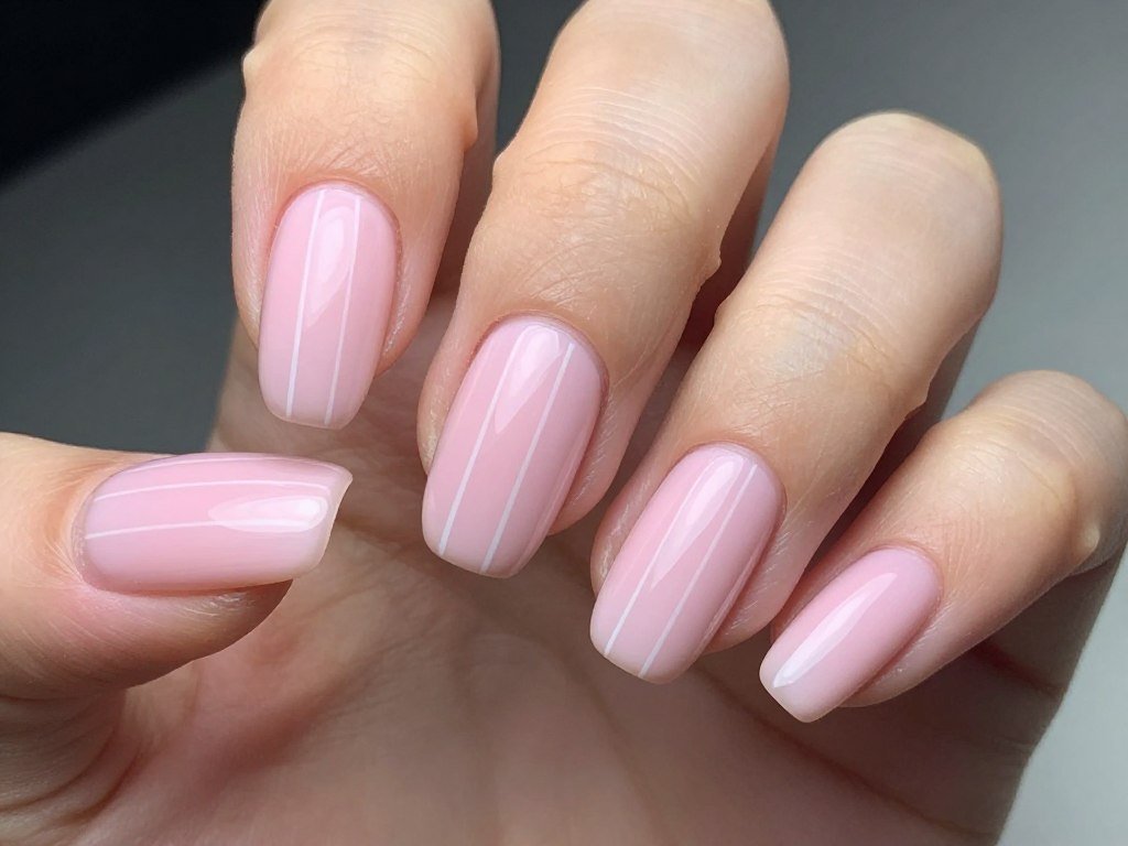 light pink nails with thin white vertical stripes creating elongating effect