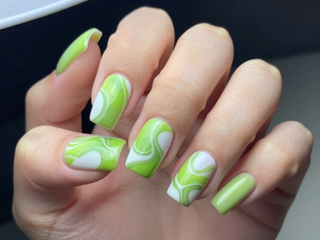 lime green swirl nail art design with abstract patterns