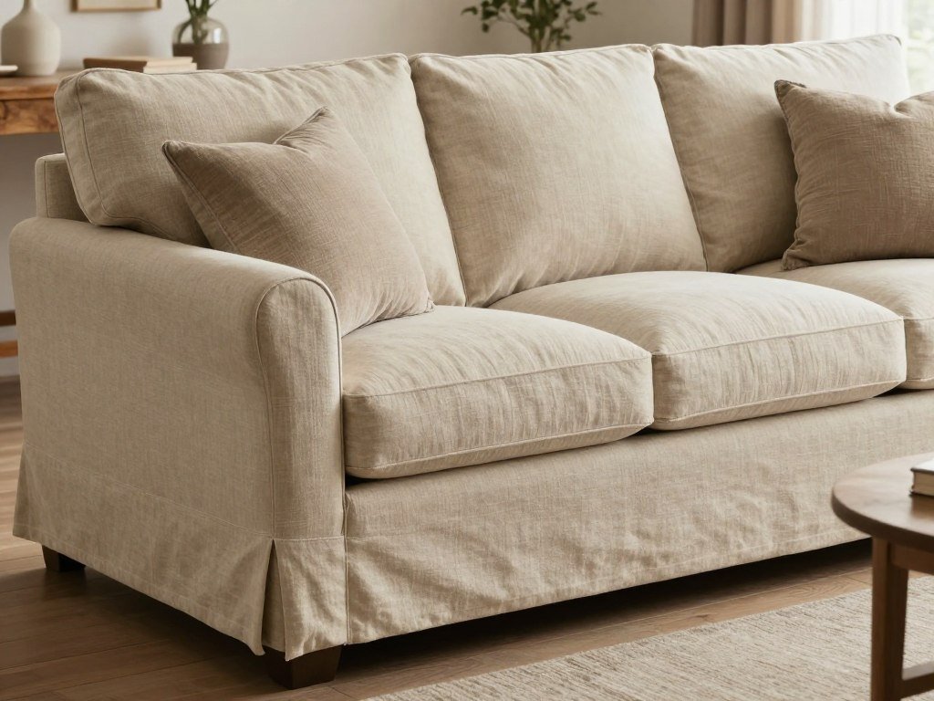 linen upholstered sofa in farmhouse living room
