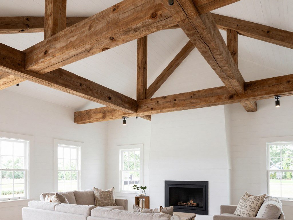living room ceiling with exposed wooden beams in country farmhouse style