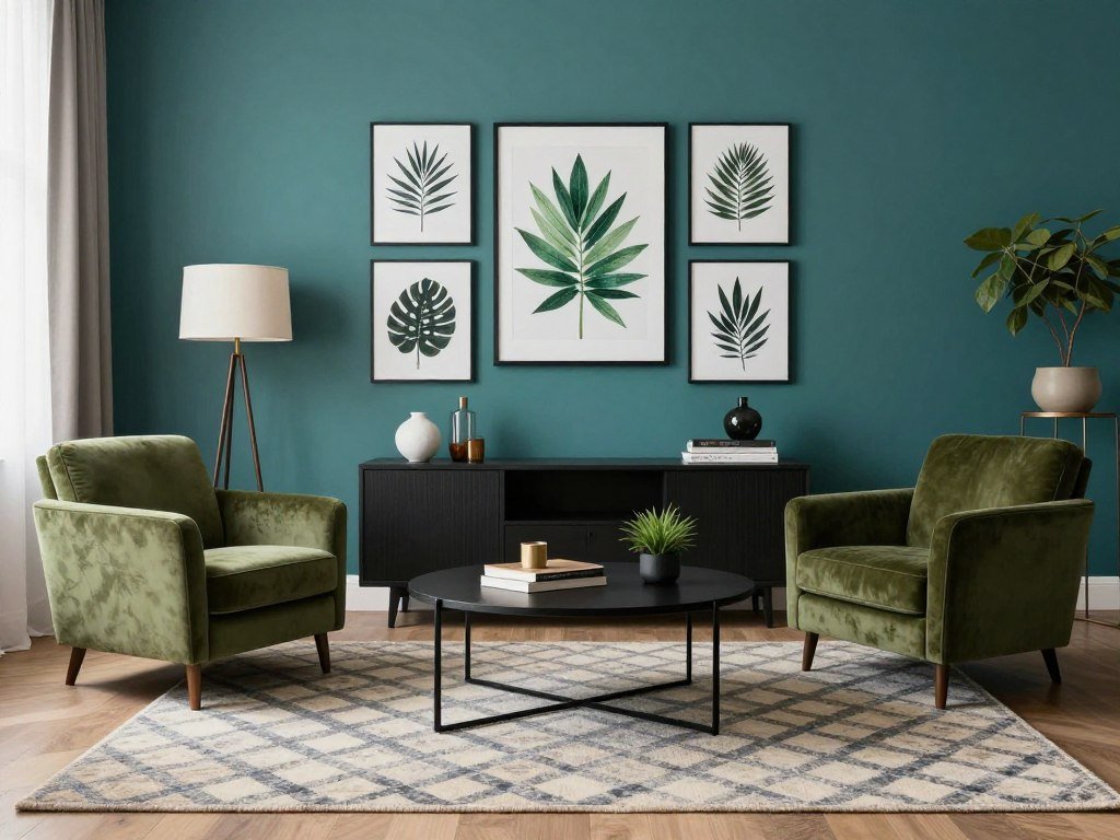 living room featuring teal accent wall and olive green furniture
