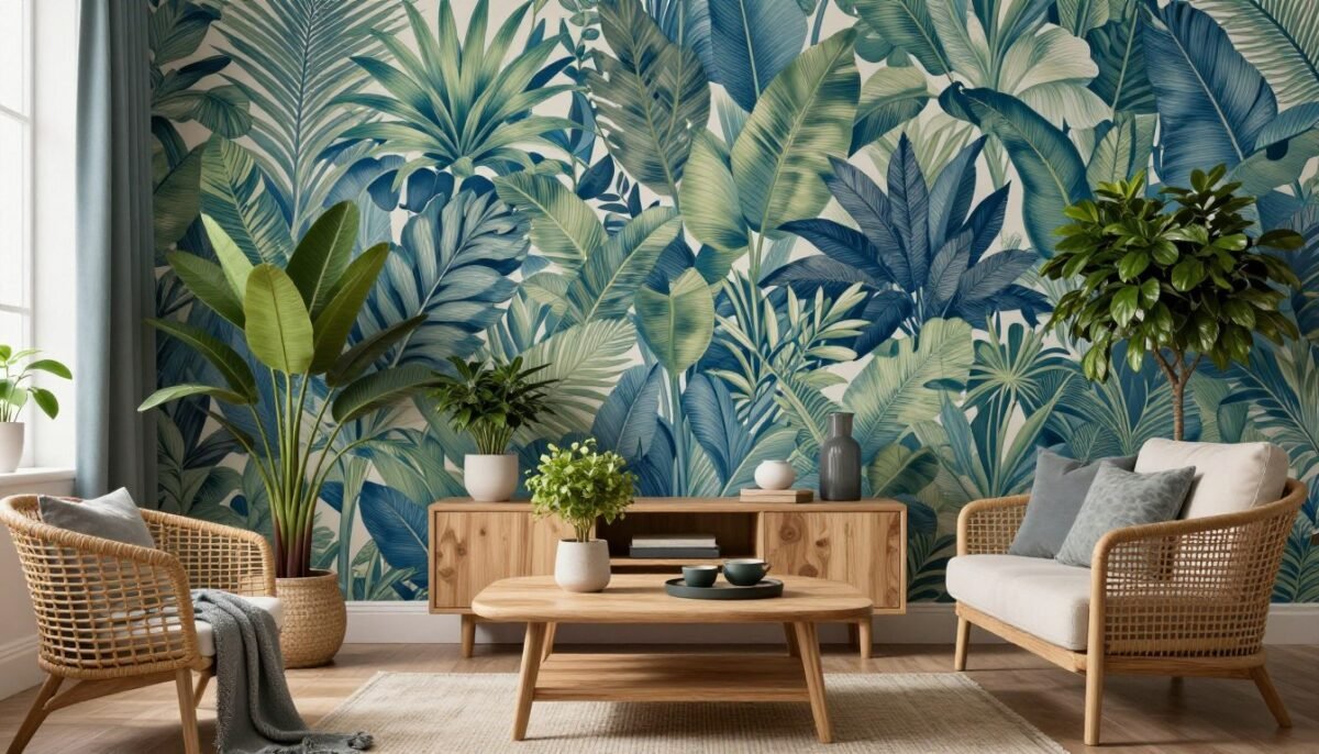 living room with blue and green botanical decor and plants