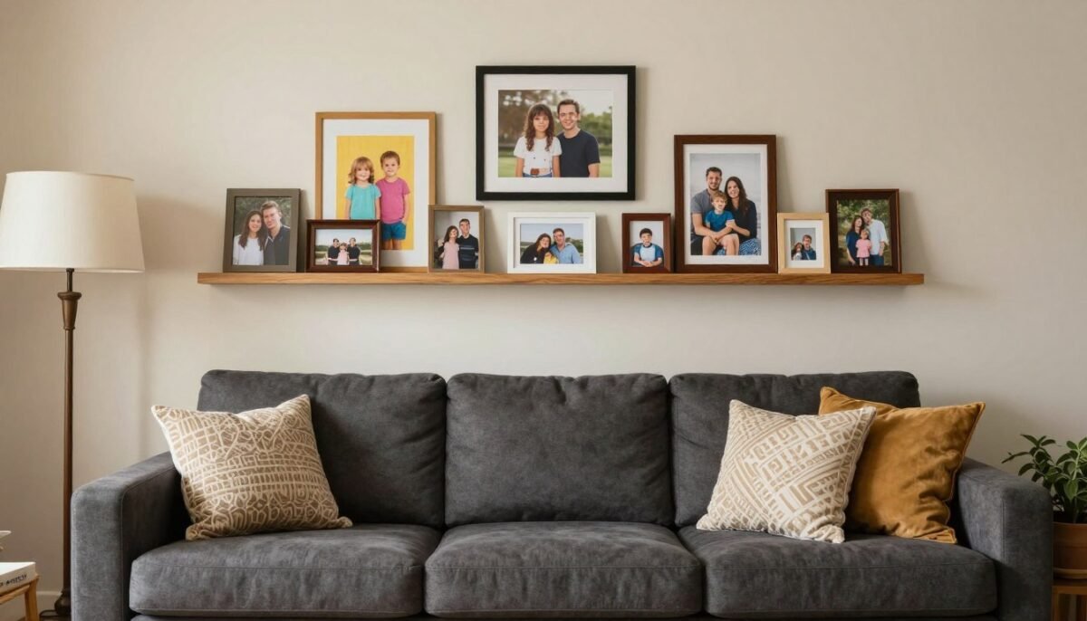 living room with dark grey couch displaying personal family photos and children artwork