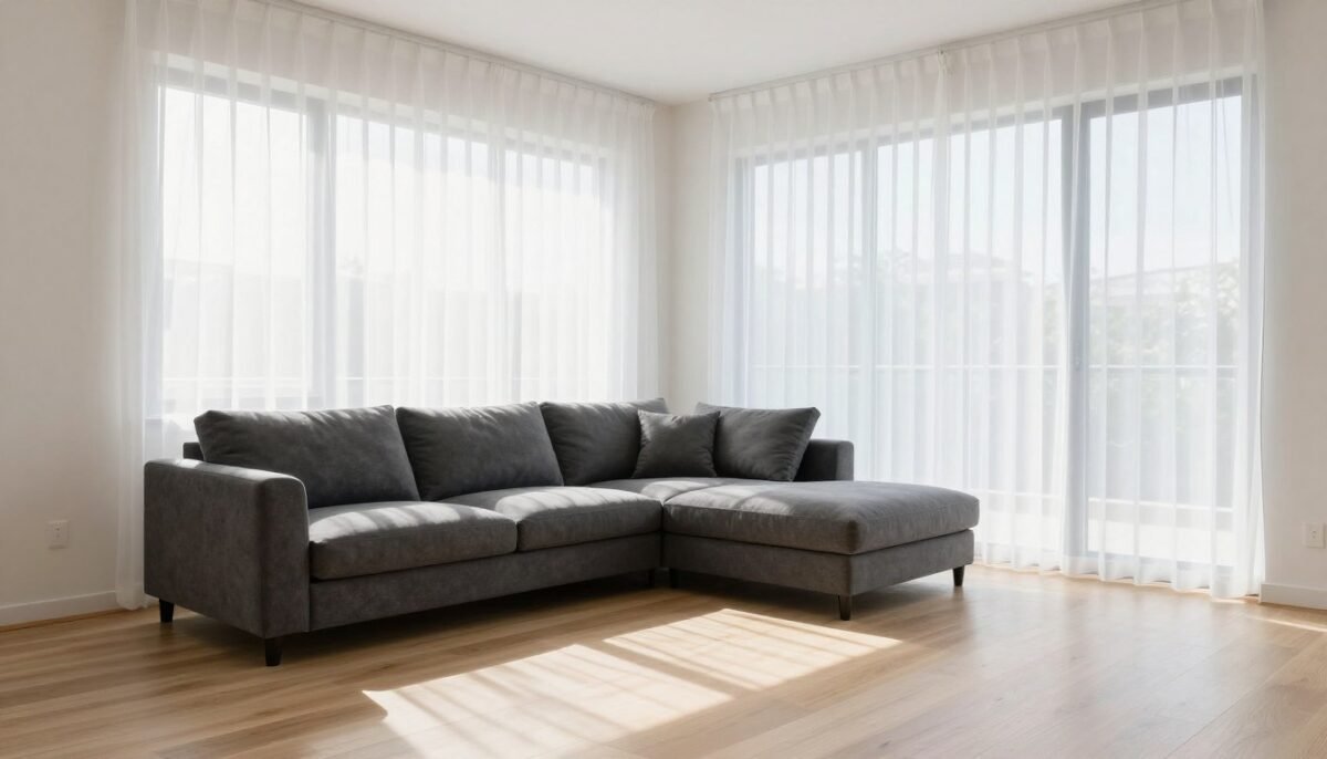 living room with dark grey couch positioned near large windows with natural light
