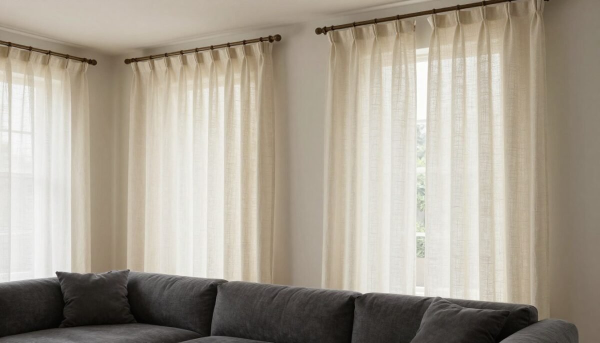 living room with dark grey sofa and elegant floor-length curtains