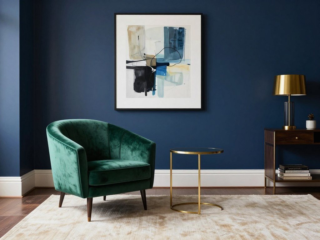 living room with navy blue walls and emerald green velvet chair