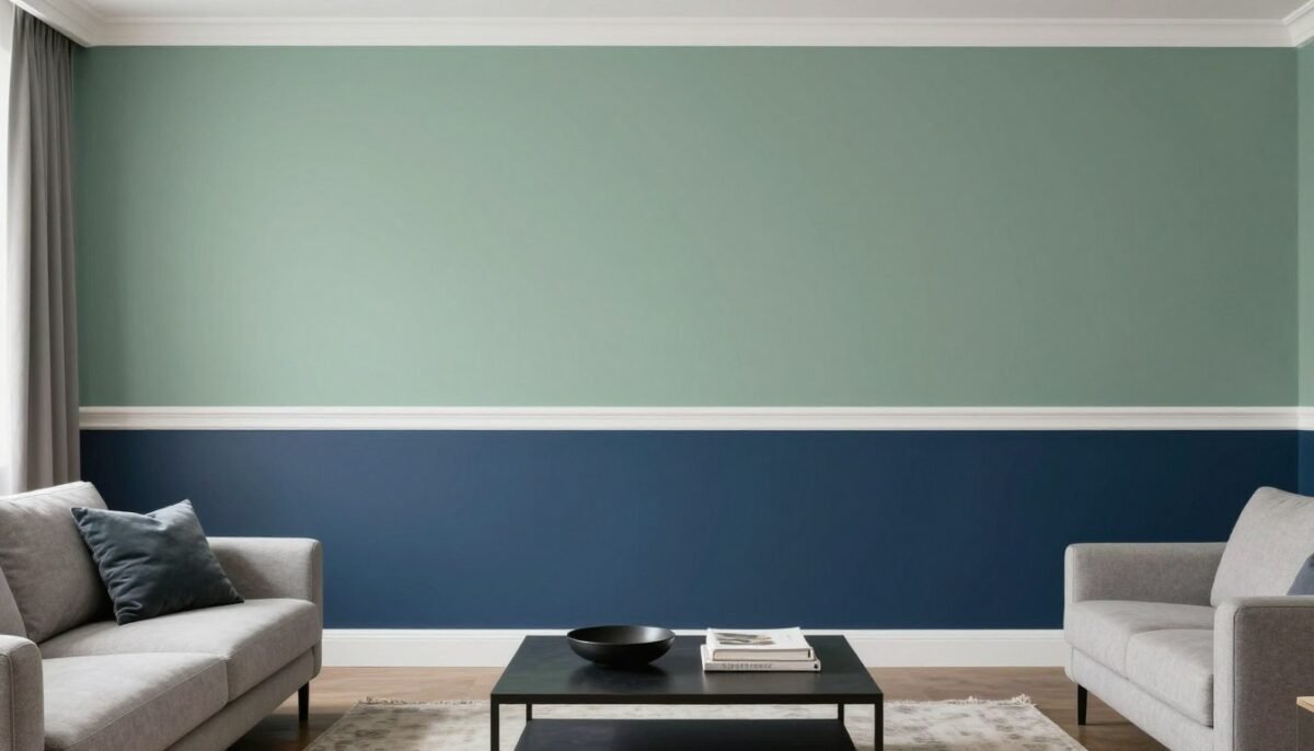 living room with two-tone blue and green painted walls