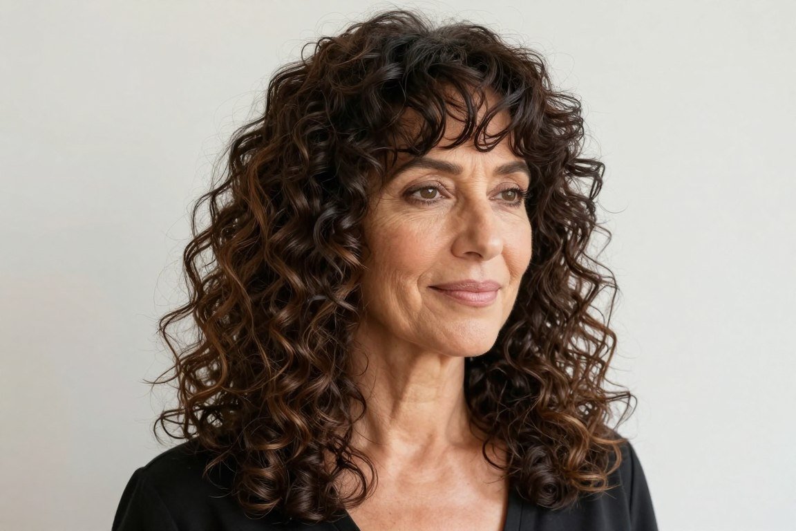 long curly hair with curly bangs