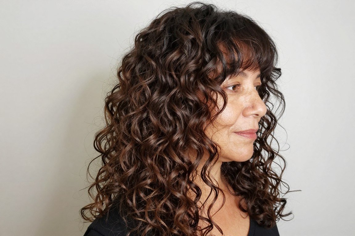 long curly hair with side-swept bangs