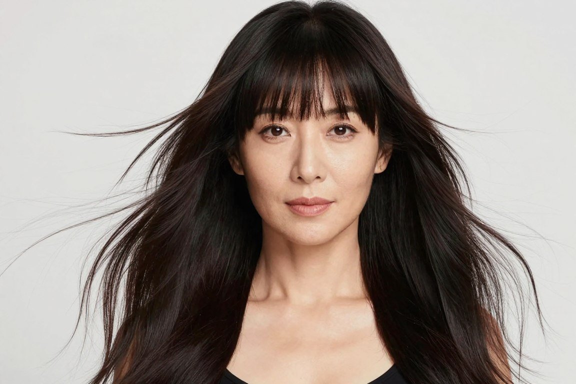long hair with center-parted curtain bangs