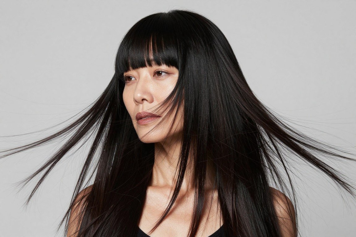 long hair with diagonal bangs