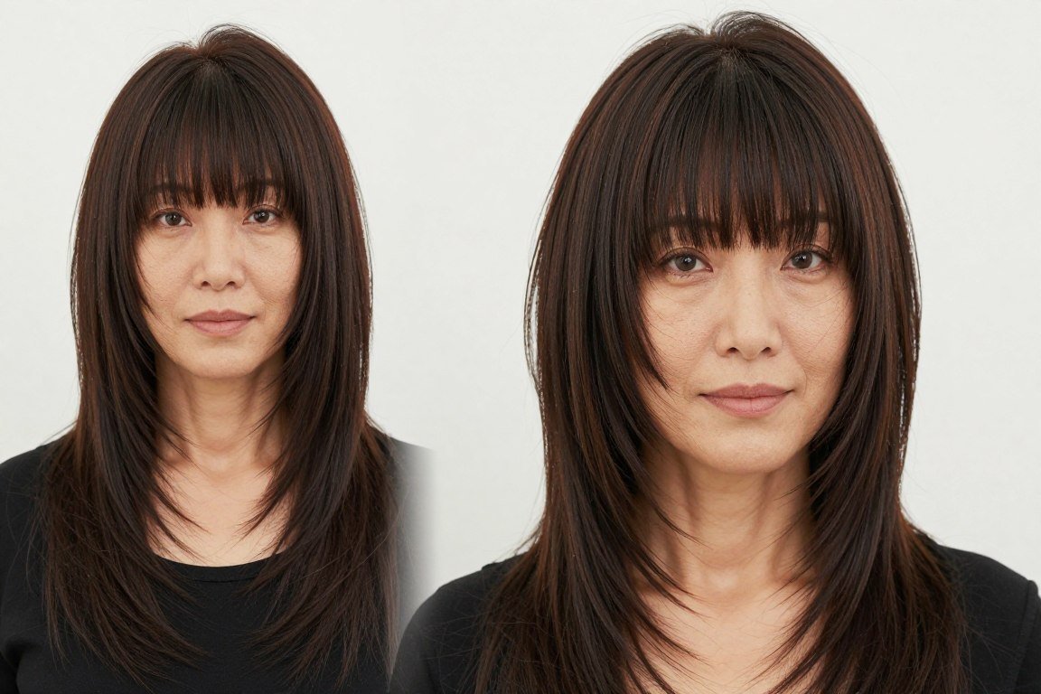 long layers with asymmetrical bangs