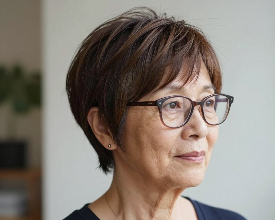 long pixie haircut with side-swept bangs