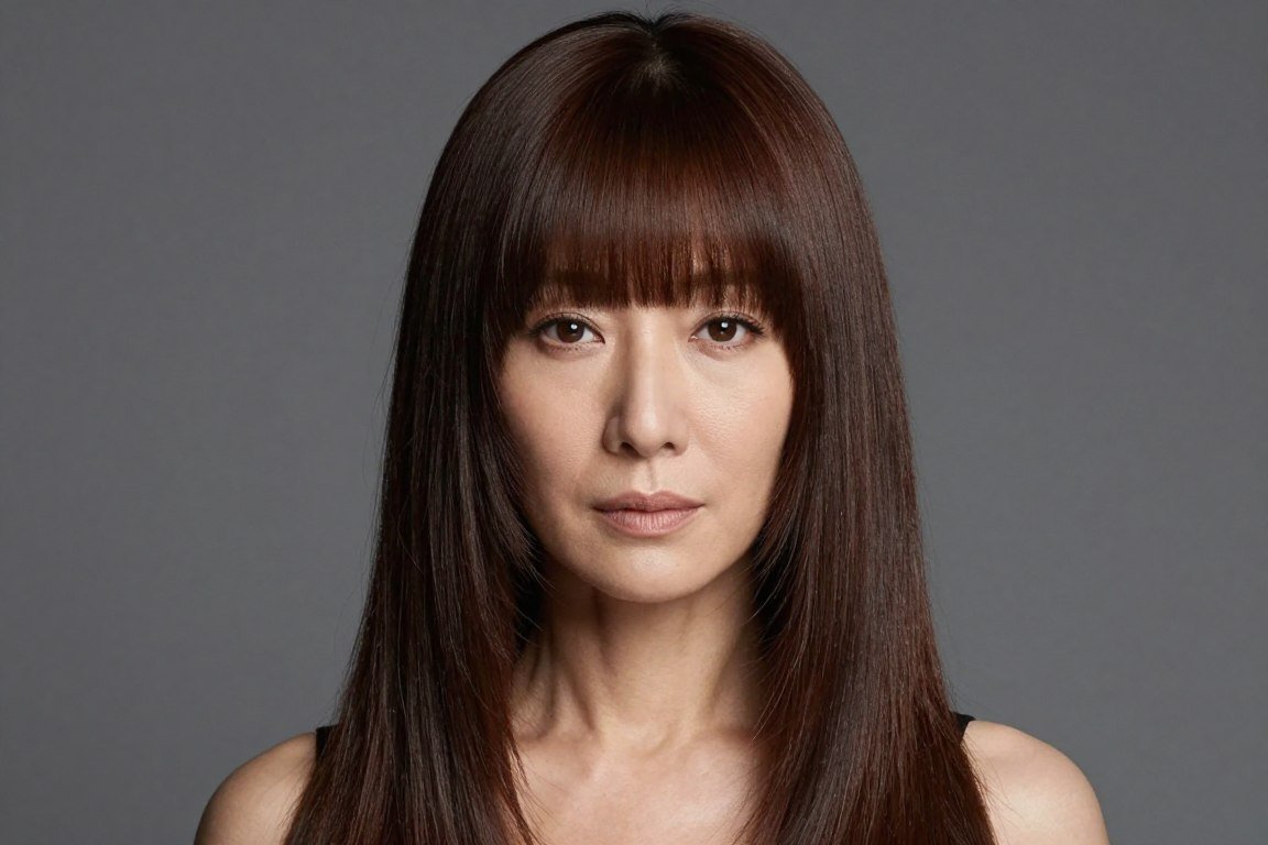 long straight hair with face-framing curtain bangs