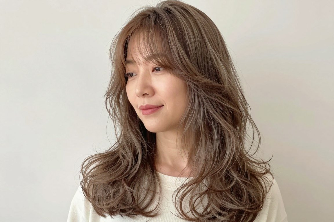 long wavy hair with feathered bangs