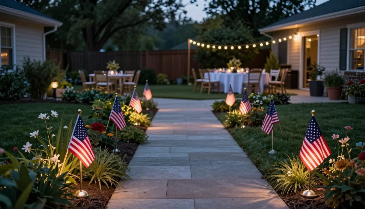luminous pathway markers with flags lining walkway to backyard party area
