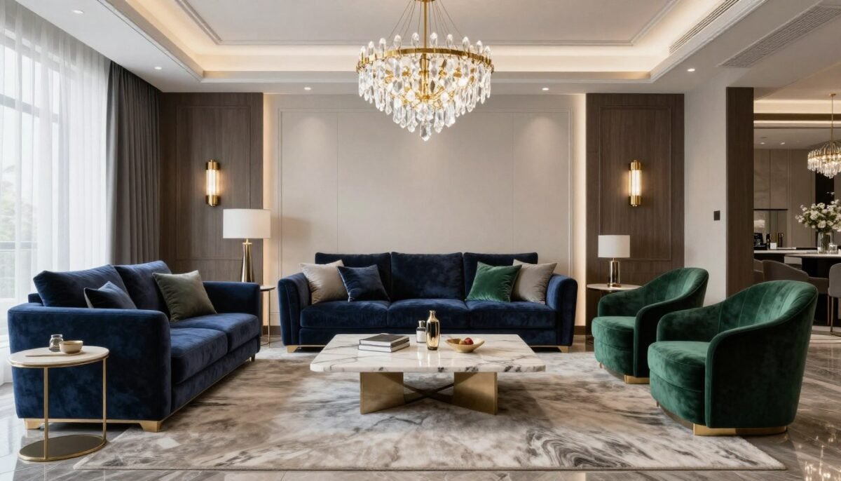 luxurious living room with navy and emerald green velvet furniture
