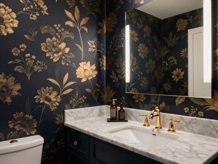 luxurious small bathroom featuring dark floral wallpaper with gold accents and modern fixtures