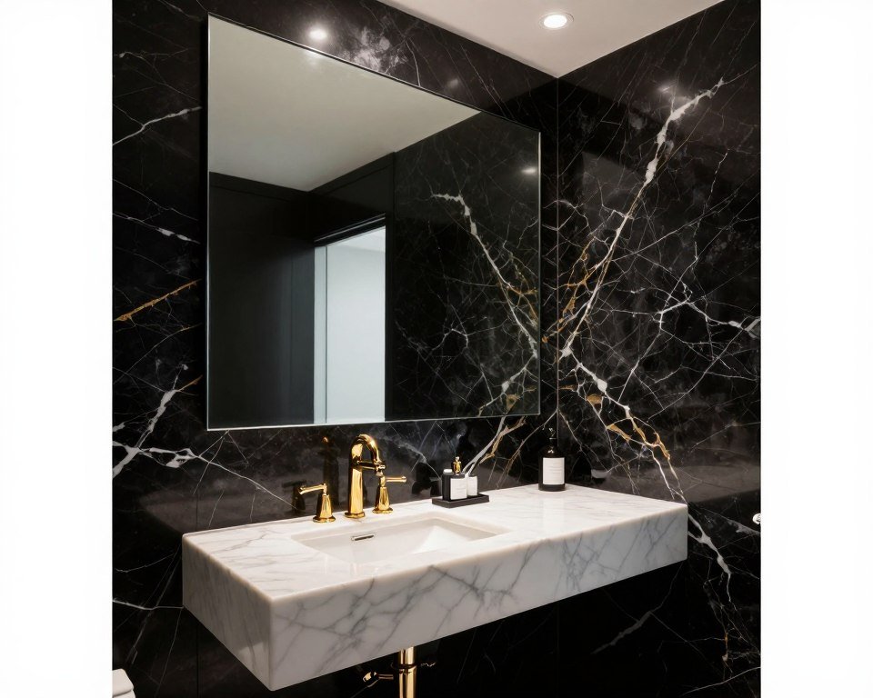 luxurious small bathroom with black marble wallpaper and gold fixtures