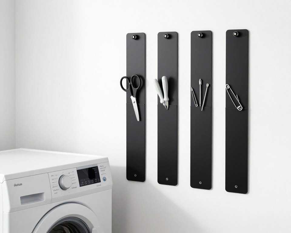 magnetic strips mounted on wall holding small metal laundry tools and accessories