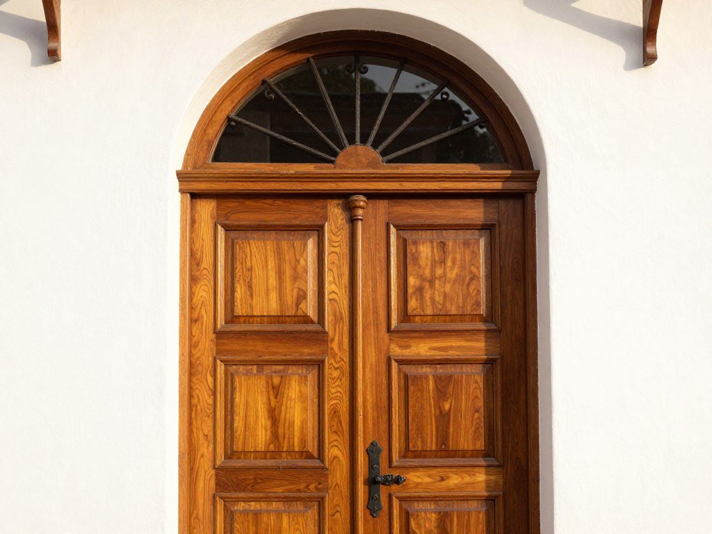 mahogany wood front door with carved details and arched transom window