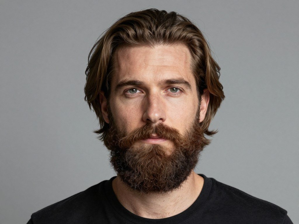 man with long hair and full beard showing coordinated grooming