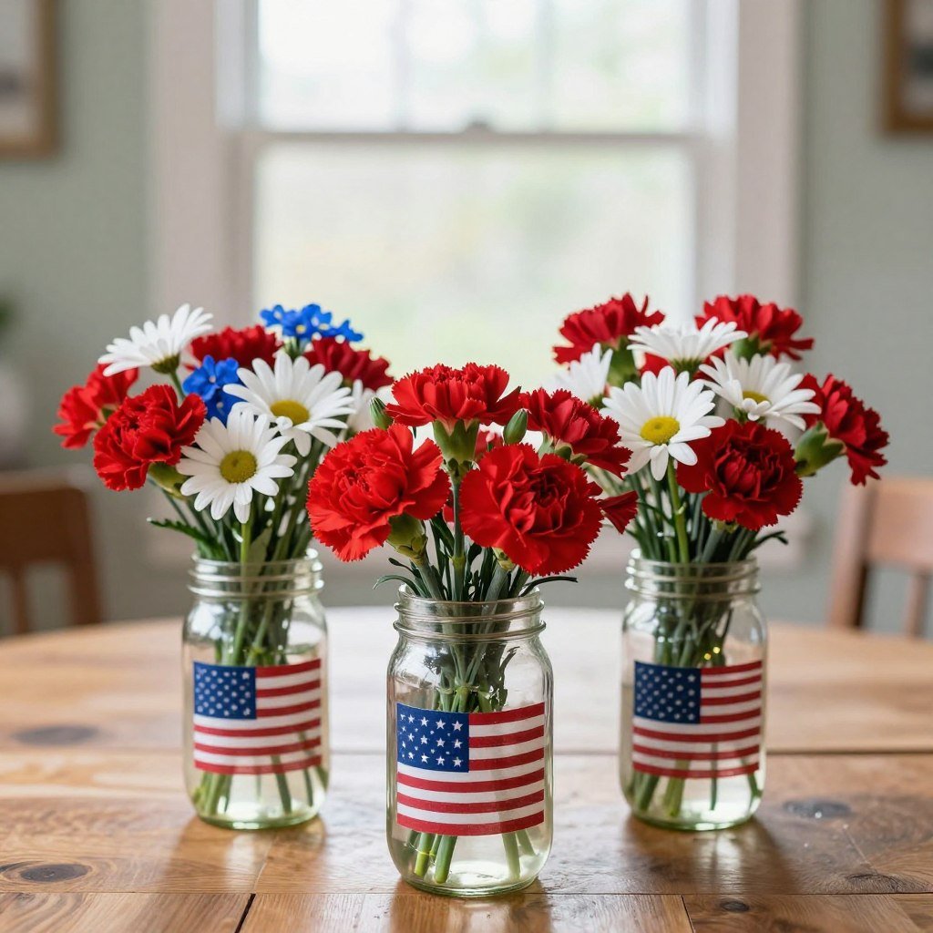 mason jars filled with red white blue flowers as 4th of July table centerpiece