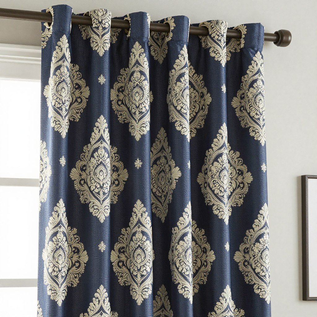 medallion pattern curtain panel in navy and cream for elegant kitchen